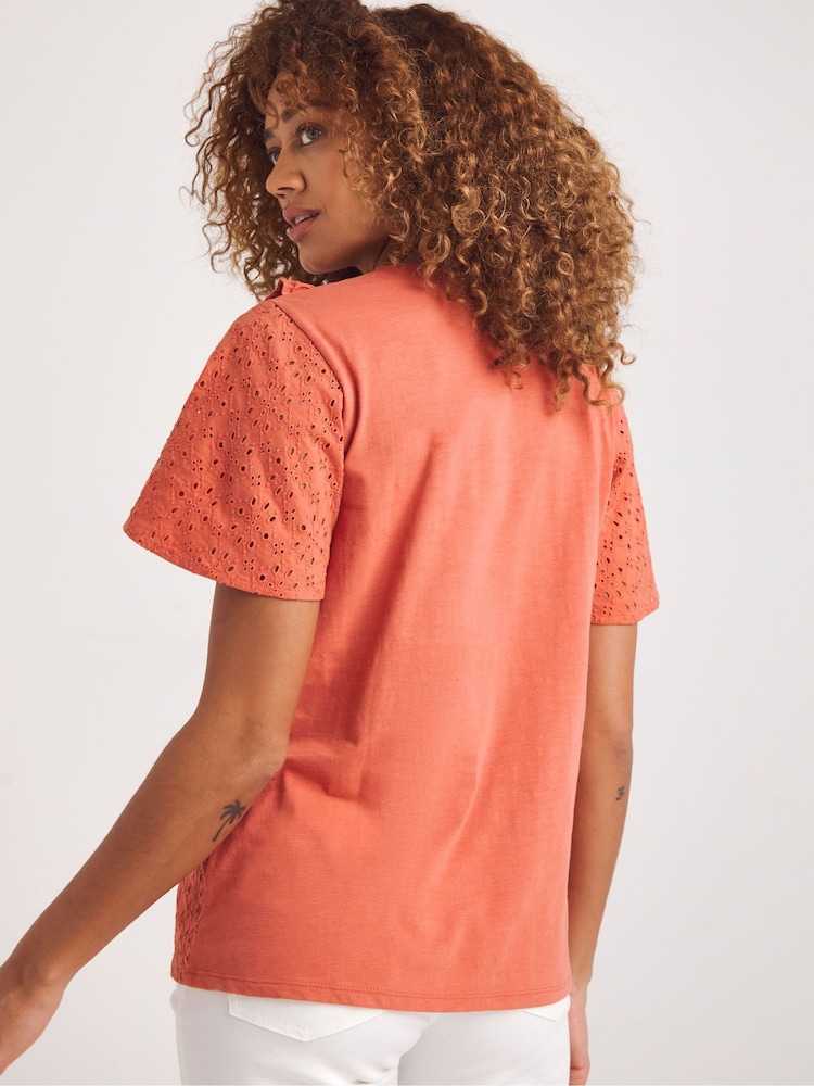 JD Williams Orange 100% Cotton Broderie Frill Jersey Back Top - Image 2 of 3
