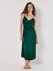 Apricot Green Satin Ruched A Line Midi Dress - Image 1 of 4