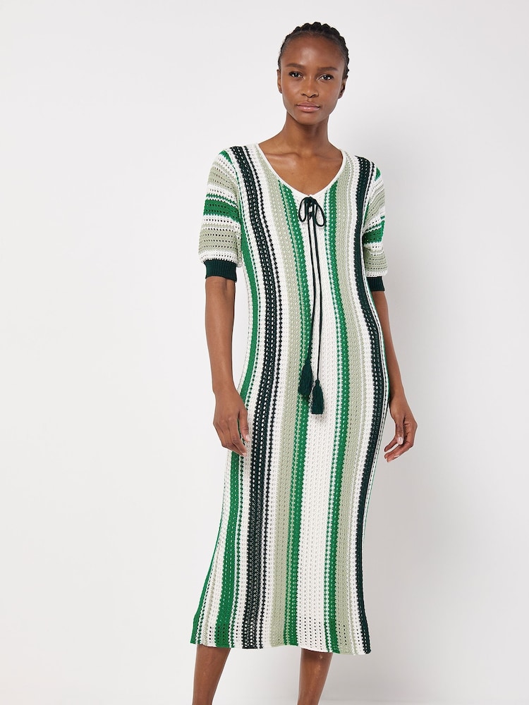 Apricot Green Vertical Stripe Crochet Dress - Image 1 of 4