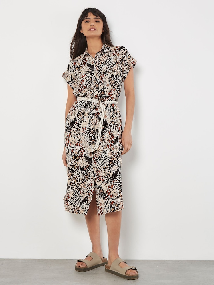 Apricot Natural Animal Print Belt Midi Shirt Dress - Image 2 of 8