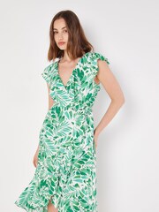Apricot Green Tropical Leaf Ruffle Wrap Dress - Image 1 of 4