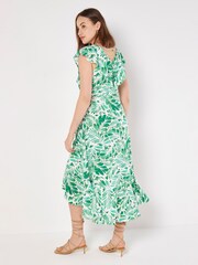 Apricot Green Tropical Leaf Ruffle Wrap Dress - Image 2 of 4