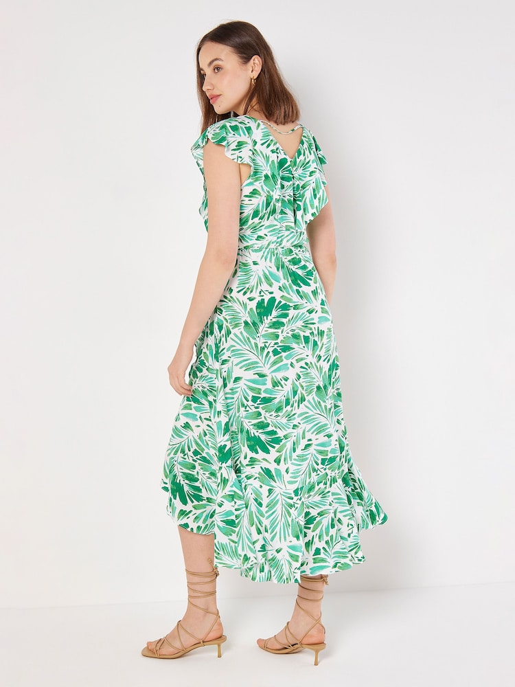 Apricot Green Tropical Leaf Ruffle Wrap Dress - Image 2 of 4