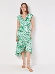 Apricot Green Tropical Leaf Ruffle Wrap Dress - Image 3 of 4