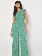 Apricot Green Mosaic Smock Ruffle Sleeve Jumpsuit - Image 1 of 5