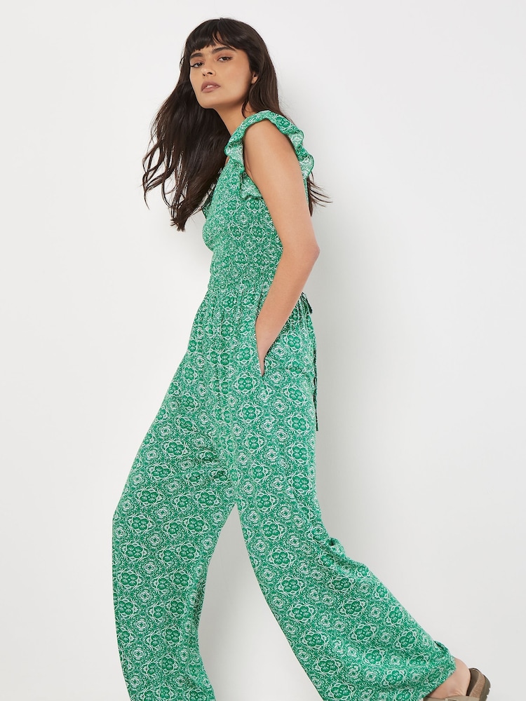 Apricot Green Mosaic Smock Ruffle Sleeve Jumpsuit - Image 2 of 5