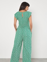 Apricot Green Mosaic Smock Ruffle Sleeve Jumpsuit - Image 4 of 5