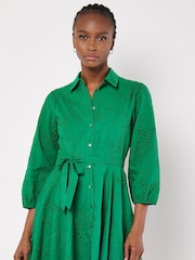 Apricot Green 100% Cotton Tropical Embroidery Swing Dress - Image 2 of 4