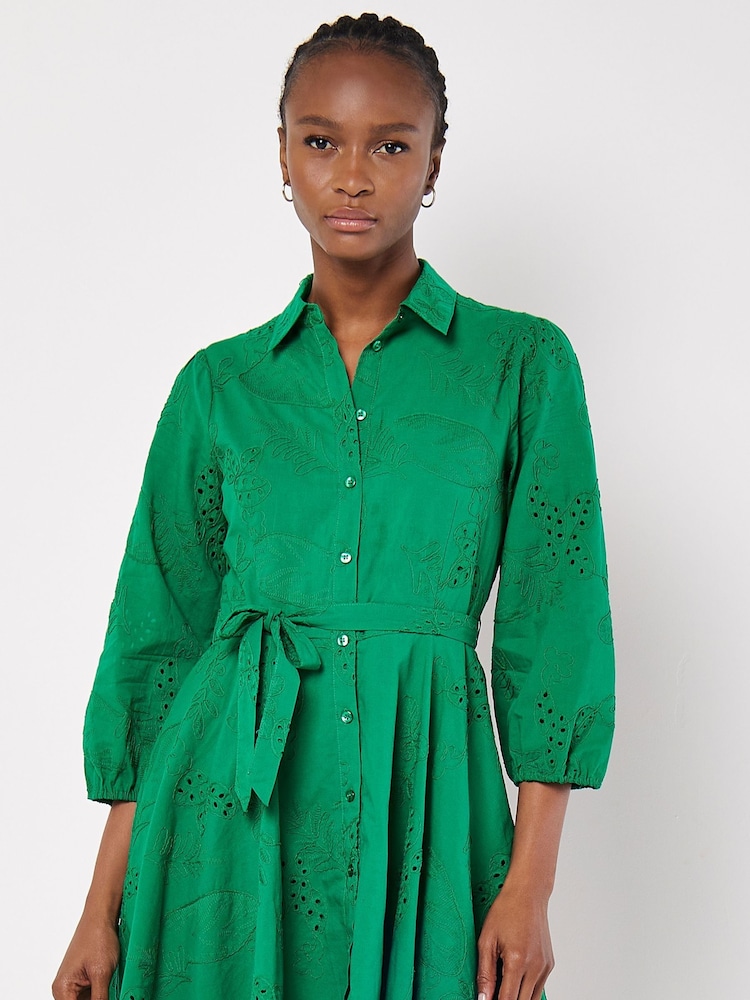 Apricot Green 100% Cotton Tropical Embroidery Swing Dress - Image 2 of 4
