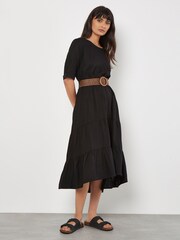 Apricot Black Tiered Plait Belt Dress With Linen - Image 1 of 4