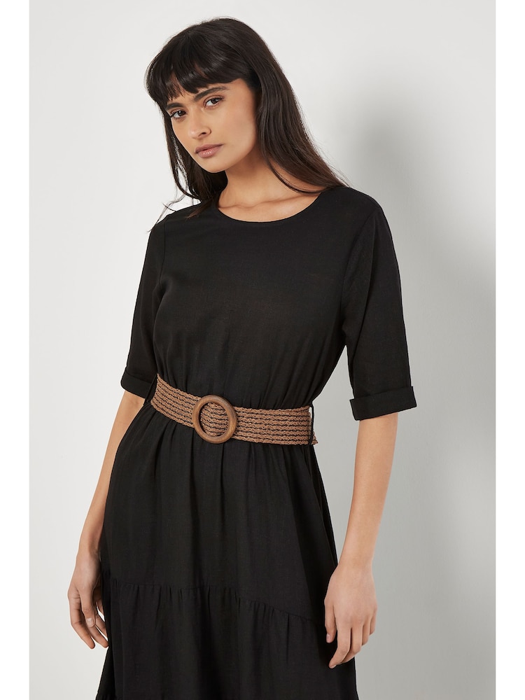 Apricot Black Tiered Plait Belt Dress With Linen - Image 2 of 4 Apricot Black Tiered Plait Belt Dress With Linen - Image 2 of 4