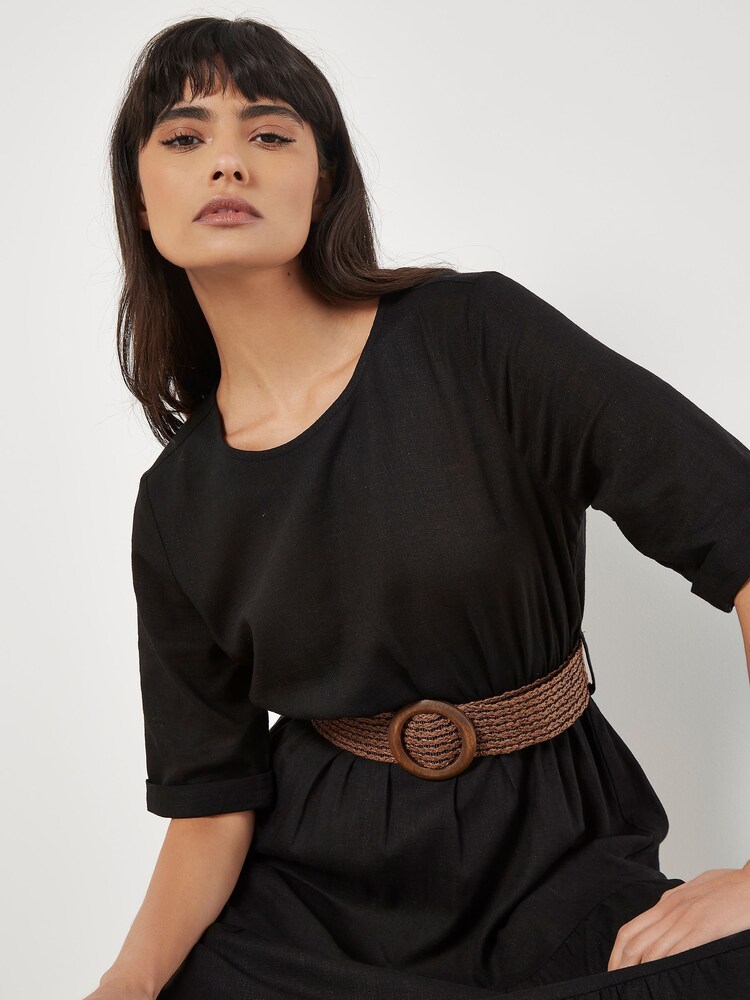 Apricot Black Tiered Plait Belt Dress With Linen - Image 4 of 4 Apricot Black Tiered Plait Belt Dress With Linen - Image 4 of 4