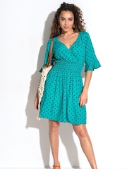 Pour Moi Green Carmen Short Sleeve Elasticated Neckline Short Dress - Image 1 of 4