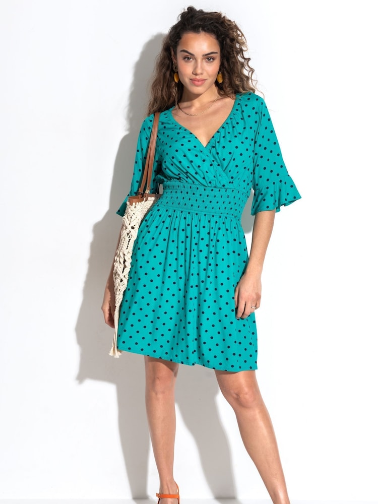Pour Moi Green Carmen Short Sleeve Elasticated Neckline Short Dress - Image 1 of 4