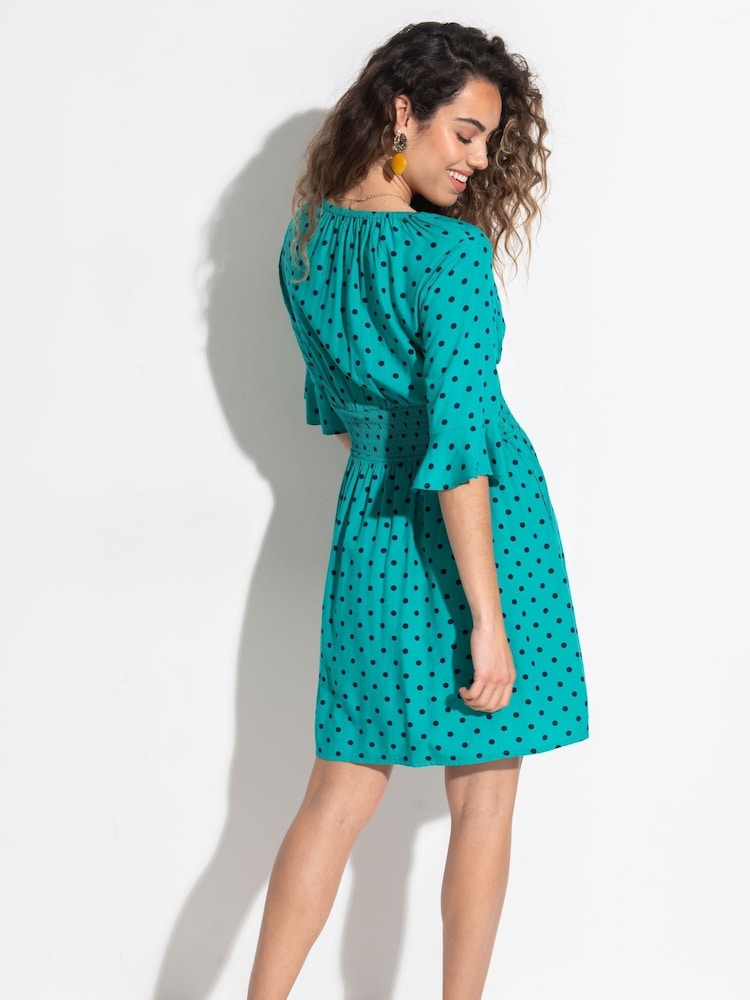Pour Moi Green Carmen Short Sleeve Elasticated Neckline Short Dress - Image 2 of 4