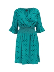 Pour Moi Green Carmen Short Sleeve Elasticated Neckline Short Dress - Image 3 of 4