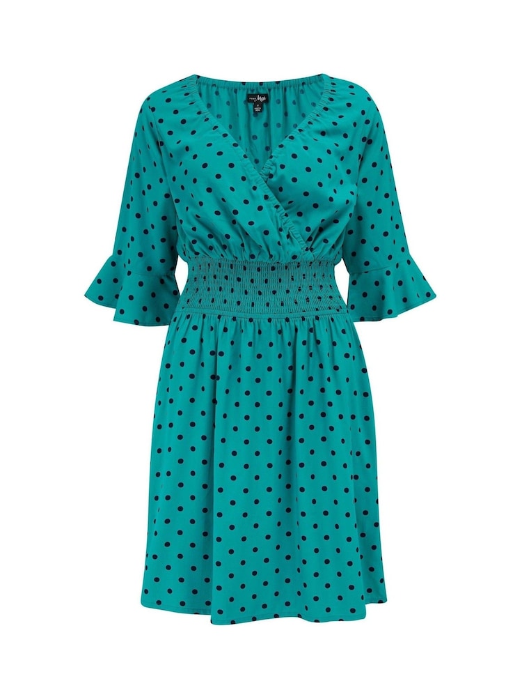 Pour Moi Green Carmen Short Sleeve Elasticated Neckline Short Dress - Image 3 of 4