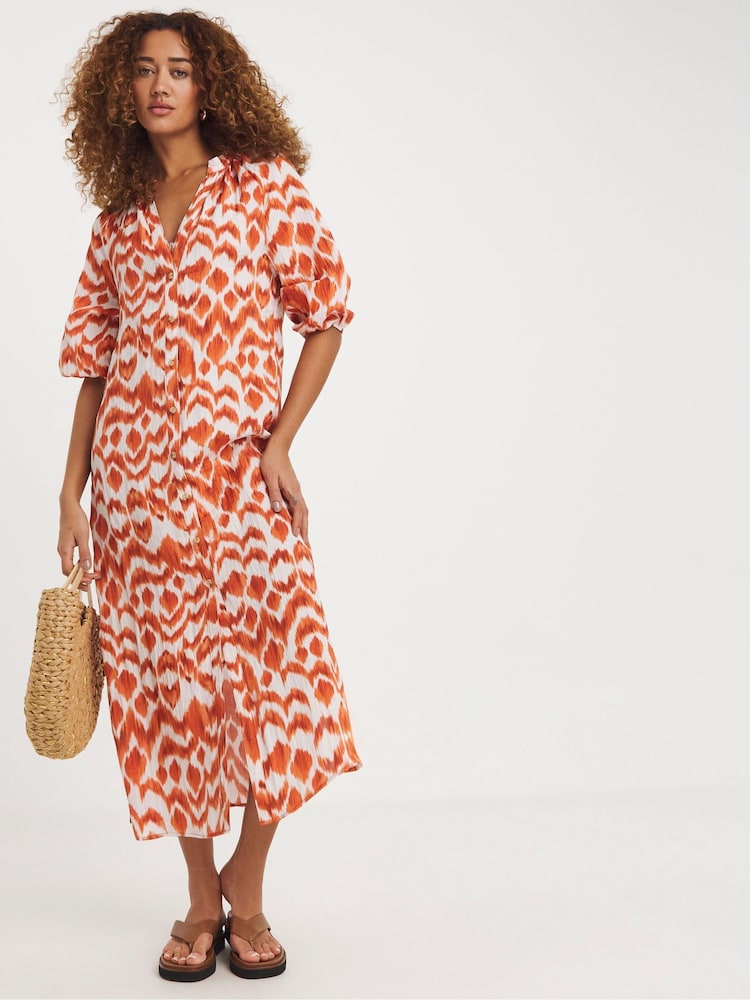 JD Williams Orange Crinkle Balloon Sleeve Midi Shirt Dress - Image 1 of 4 JD Williams Orange Crinkle Balloon Sleeve Midi Shirt Dress - Image 1 of 4