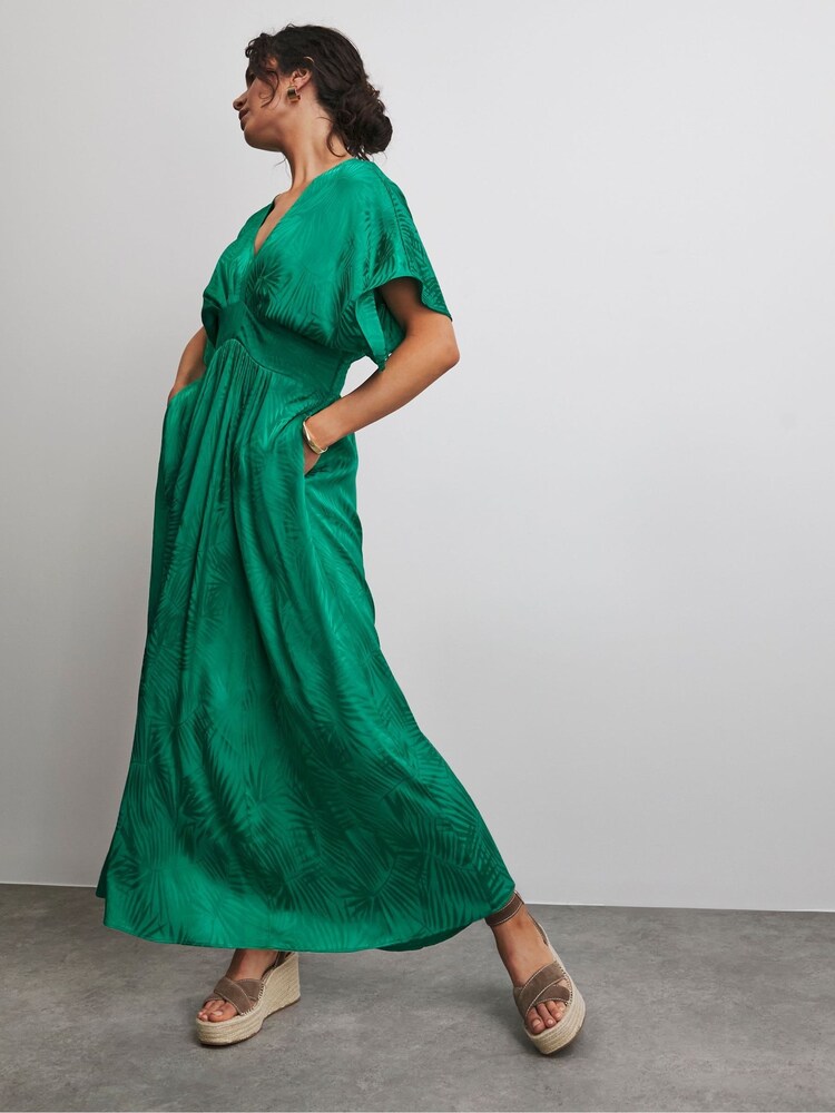 JD Williams Green Kimono Sleeve Jacquard Satin Occasion Dress - Image 1 of 1