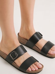 JD Williams Black Leather Buckle Footbed Mule Sandals in Wide Fit - Image 1 of 5