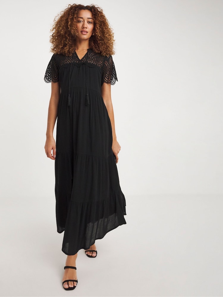 JD Williams Black Crinkle Crochet Trim Smock Dress - Image 1 of 4
