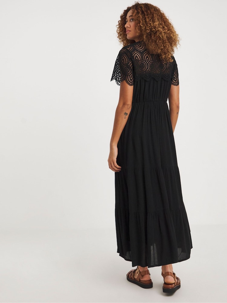 JD Williams Black Crinkle Crochet Trim Smock Dress - Image 2 of 4