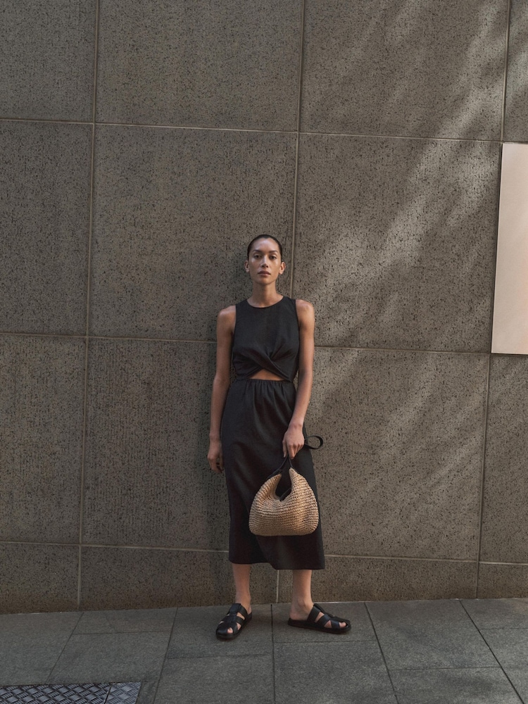 Hush Black Linen Blend Maggie Twist Front Midi Dress - Image 1 of 4