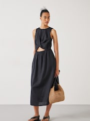Hush Black Linen Blend Maggie Twist Front Midi Dress - Image 2 of 4