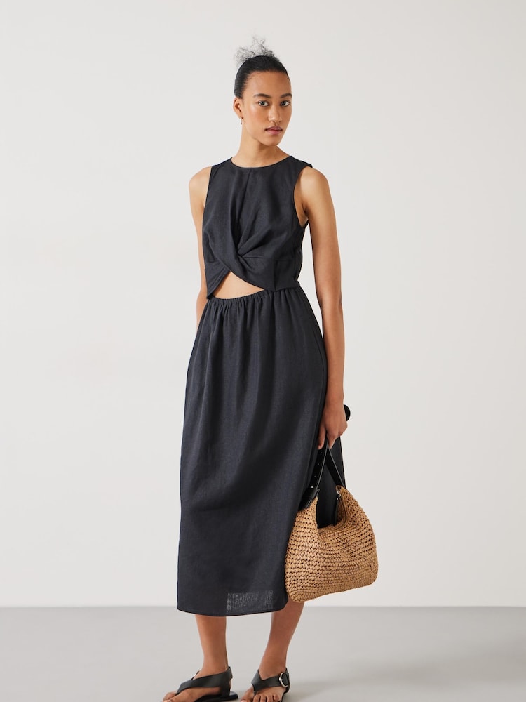 Hush Black Linen Blend Maggie Twist Front Midi Dress - Image 2 of 4