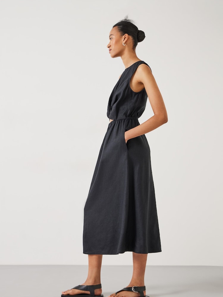 Hush Black Linen Blend Maggie Twist Front Midi Dress - Image 4 of 4