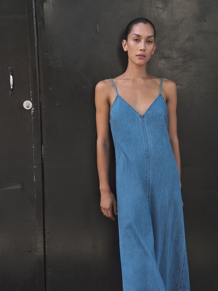 Hush Blue 100% Cotton Saskia Denim Slip Maxi Dress - Image 1 of 5