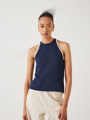 Hush Blue 100% Cotton Keekee Contrast Stitch Knitted Cami Top - Image 1 of 5