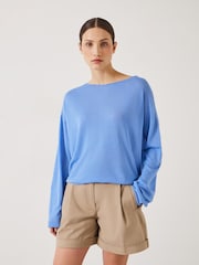 Hush Blue Aarani Open Neck Linen Blend Crew Top - Image 1 of 4