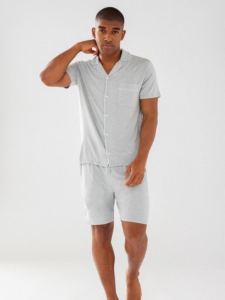 Chelsea Peers Grey Mens Modal Button Up Short Pyjamas Set - Image 1 of 8