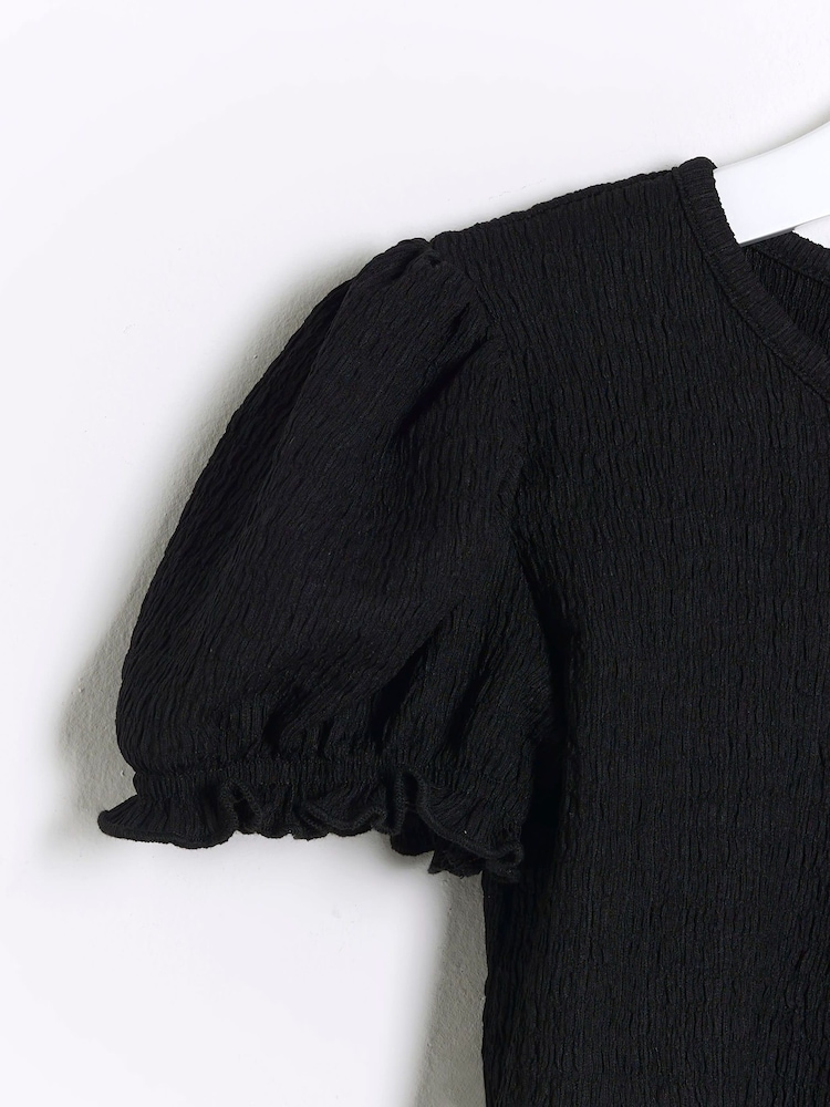 River Island Mädchen-Set aus 100% Baumwolle aus strukturiertem Oberteil mit Puffärmeln und Hose - Bild 2 von 4