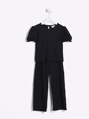 River Island Mädchen-Set aus 100% Baumwolle aus strukturiertem Oberteil mit Puffärmeln und Hose - Bild 4 von 4