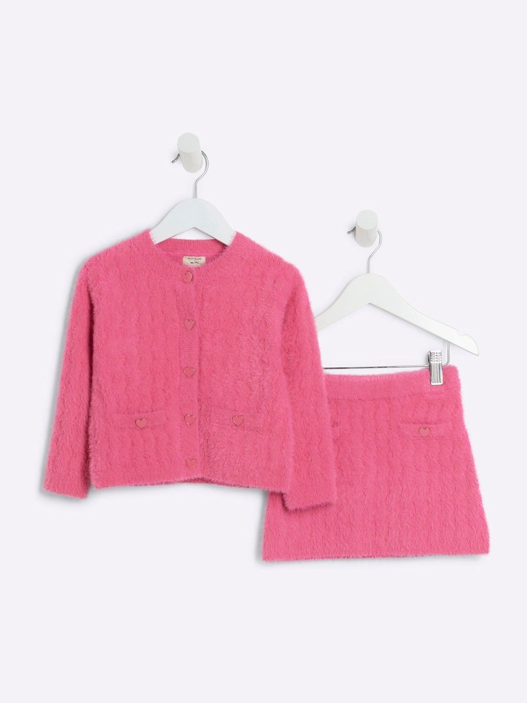 River Island Pink Girls 100% Cotton Fluff Cardigan And Skirt Set - Image 1 of 4
