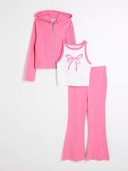 River Island Pink Pink Girls 100% Cotton Funnel Zip Up 3 Piece Set - Image 1 of 5