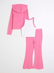 River Island Pink Pink Girls 100% Cotton Funnel Zip Up 3 Piece Set - Image 2 of 5