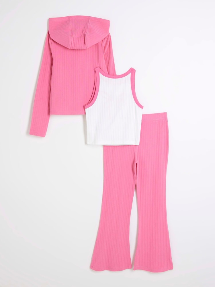 River Island Pink Pink Girls 100% Cotton Funnel Zip Up 3 Piece Set - Image 2 of 5