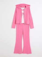 River Island Pink Pink Girls 100% Cotton Funnel Zip Up 3 Piece Set - Image 4 of 5