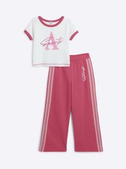 River Island Pink Girls 1998 100% Cotton T-Shirt And Joggers Wide Leg Set - Image 1 of 5