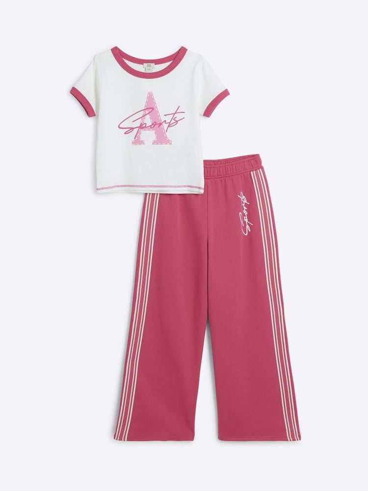 River Island Pink Girls 1998 100% Cotton T-Shirt And Joggers Wide Leg Set - Image 1 of 5