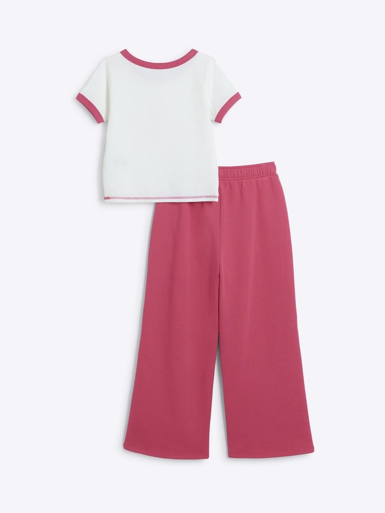 River Island Pink Girls 1998 100% Cotton T-Shirt And Joggers Wide Leg Set - Image 2 of 5 River Island Pink Girls 1998 100% Cotton T-Shirt And Joggers Wide Leg Set - Image 2 of 5