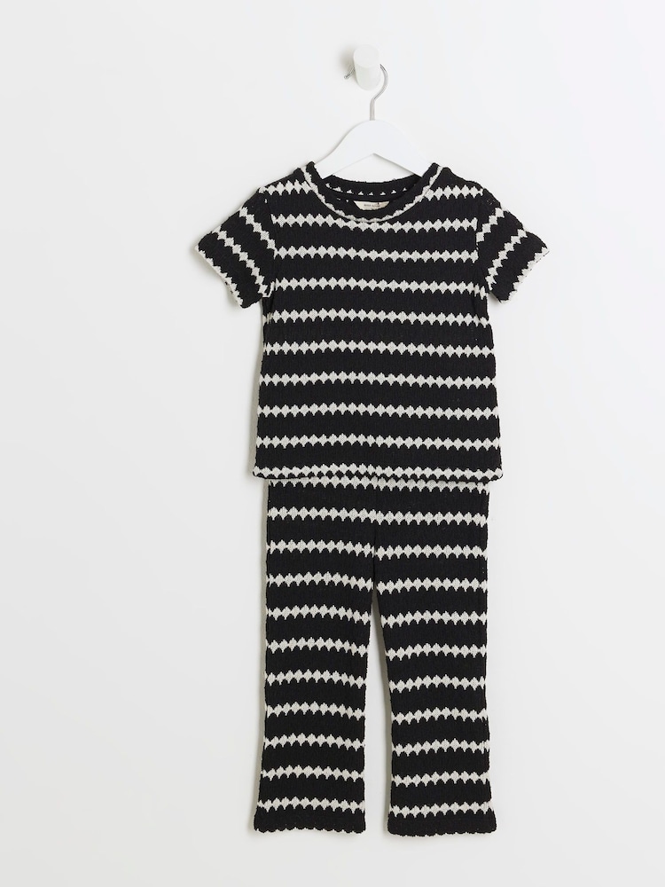 River Island Black Girls Crochet Stripe 100% Cotton Top And Trousers Set - Image 1 of 4 River Island Black Girls Crochet Stripe 100% Cotton Top And Trousers Set - Image 1 of 4