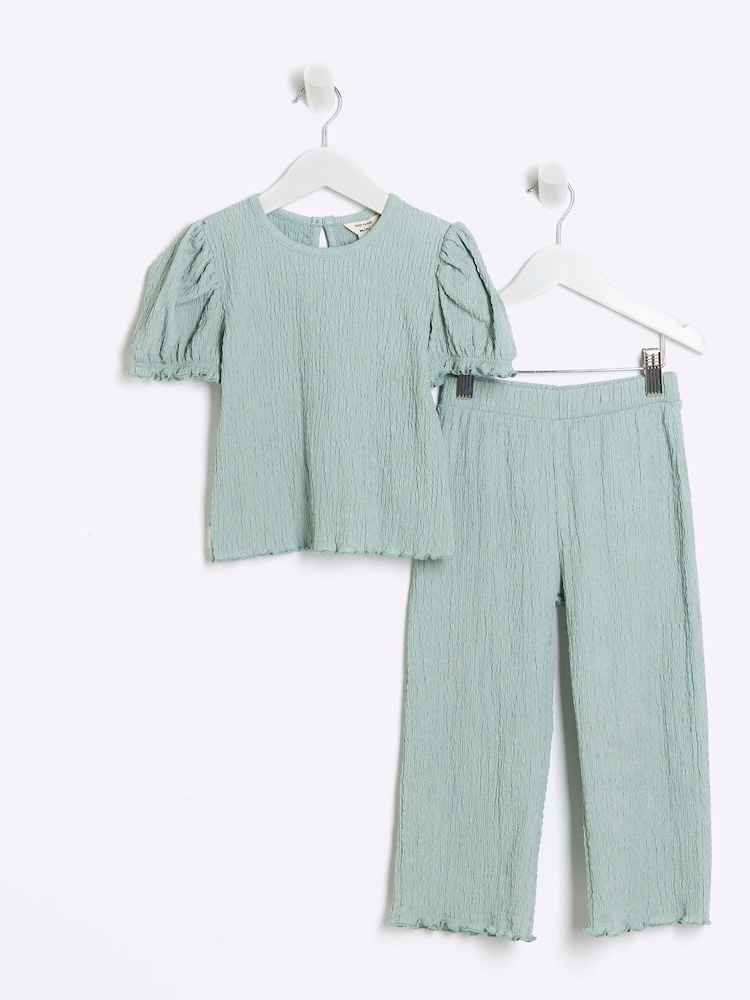 River Island Green Girls Puff Sleeve Textured 100% Cottton Top And Trousers Set - Image 1 of 5 River Island Green Girls Puff Sleeve Textured 100% Cottton Top And Trousers Set - Image 1 of 5