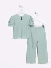 River Island Green Girls Puff Sleeve Textured 100% Cottton Top And Trousers Set - Image 2 of 5