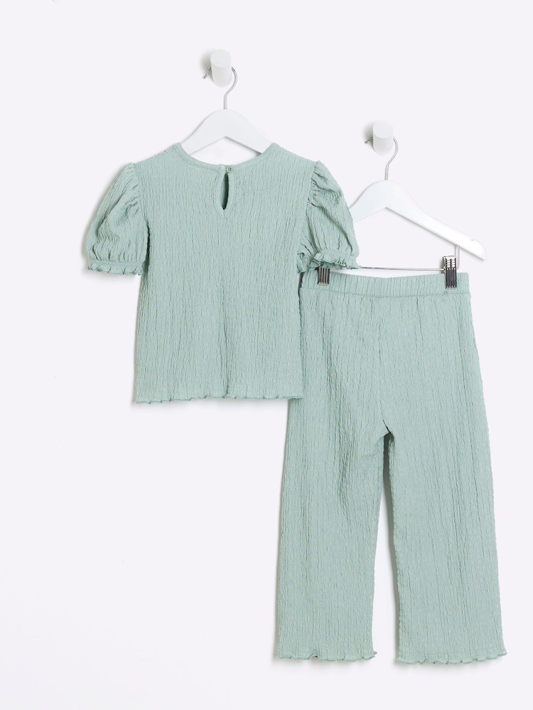 River Island Green Girls Puff Sleeve Textured 100% Cottton Top And Trousers Set - Image 2 of 5 River Island Green Girls Puff Sleeve Textured 100% Cottton Top And Trousers Set - Image 2 of 5