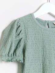 River Island Green Girls Puff Sleeve Textured 100% Cottton Top And Trousers Set - Image 3 of 5