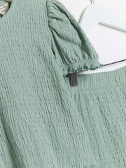 River Island Green Girls Puff Sleeve Textured 100% Cottton Top And Trousers Set - Image 4 of 5